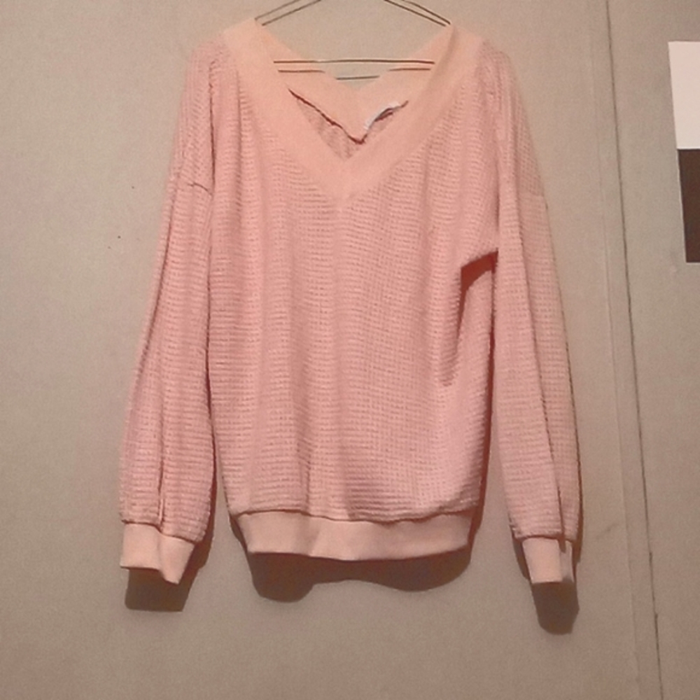 Pink waffle knit deep v pullover sweater